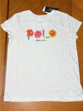 Polo by Ralph Lauren White Tee with Pink & Orange Floral Embroidery